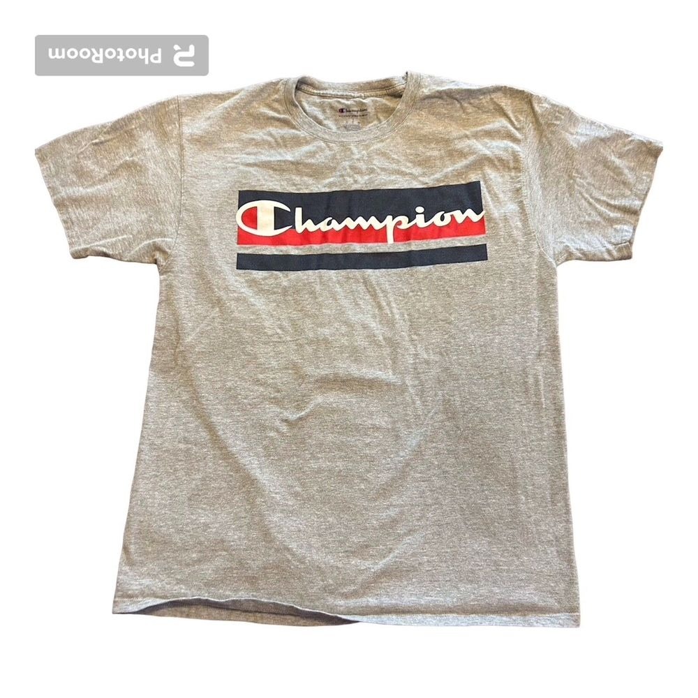 Vintage Champion Men's Large Classic Spellout Scripted Graphic Logo T-Shirt Gray
